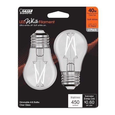 Feit Electric Feit White A15 E26 (Medium) Filament LED Bulb Soft White 40 Watt Equivalence 2 pk BPA1540927WFIL2
